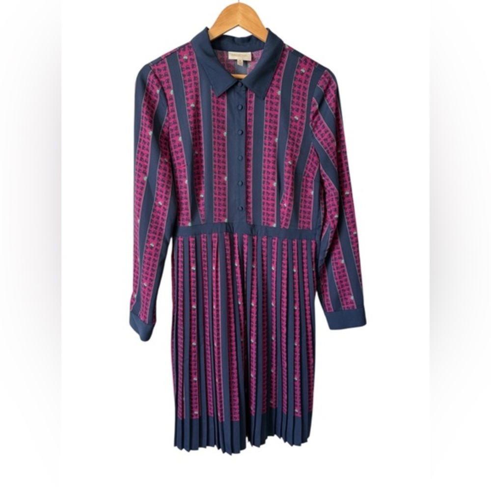 ModCloth Pleated Shirt Dress‎ M Pink Navy Stripe Retro Midi Pockets Lined